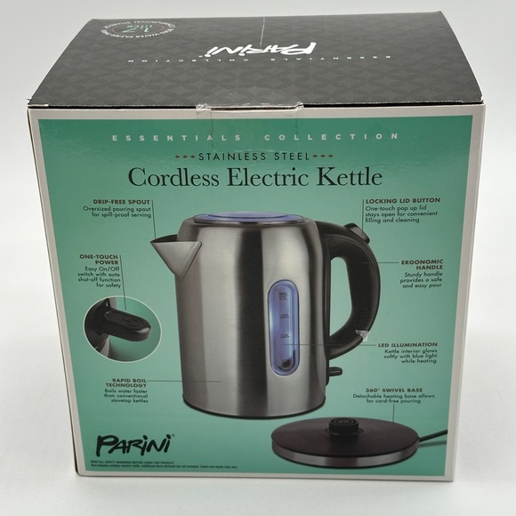 Parini Cordless Electric Kettle 7.2 Cup Capacity Rapid Boil Stainless Steel - Picture 3 of 5